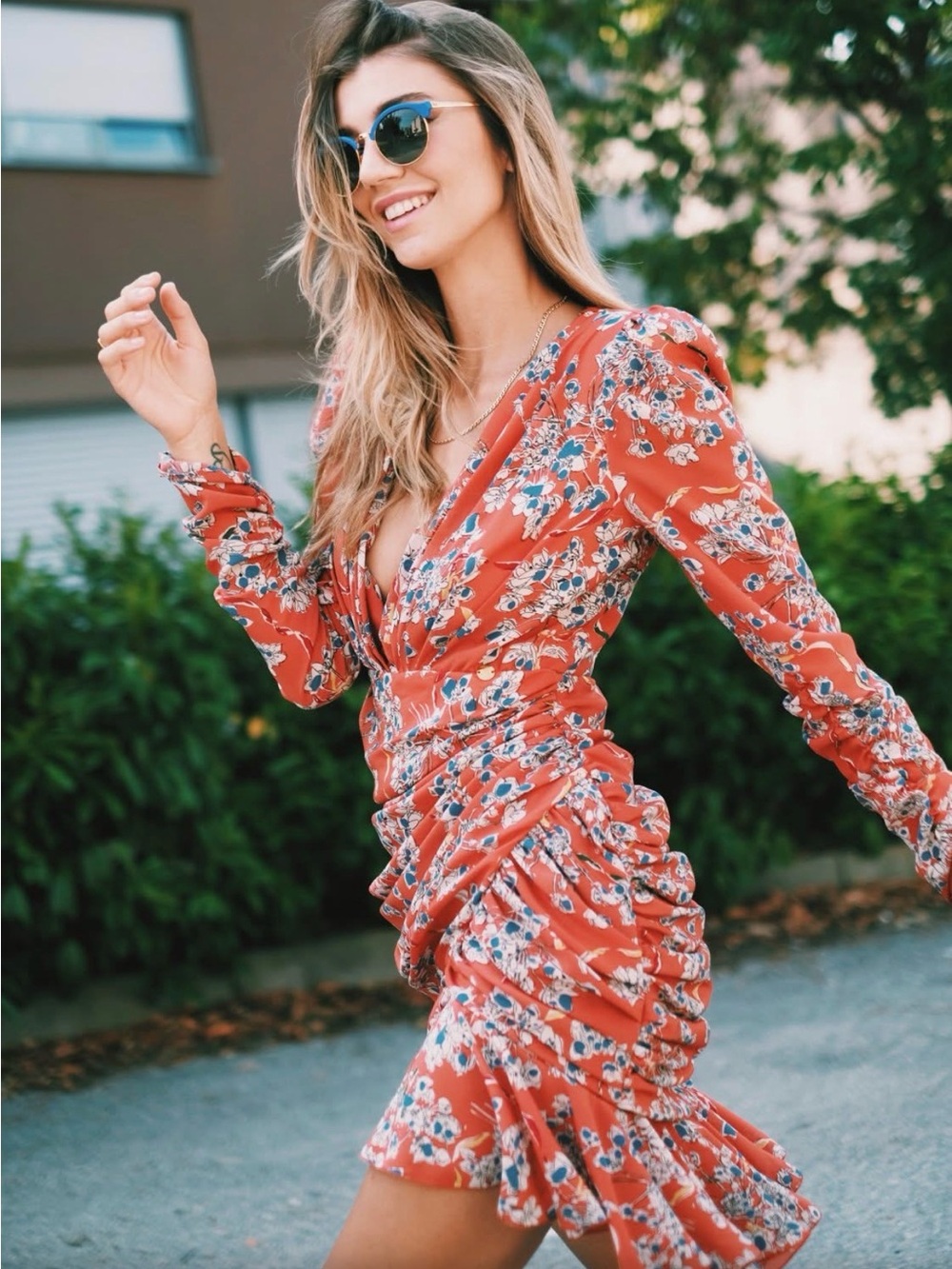 Unique Designer Silk Floral Ruched Long-Sleeve Mini Dress BNWT